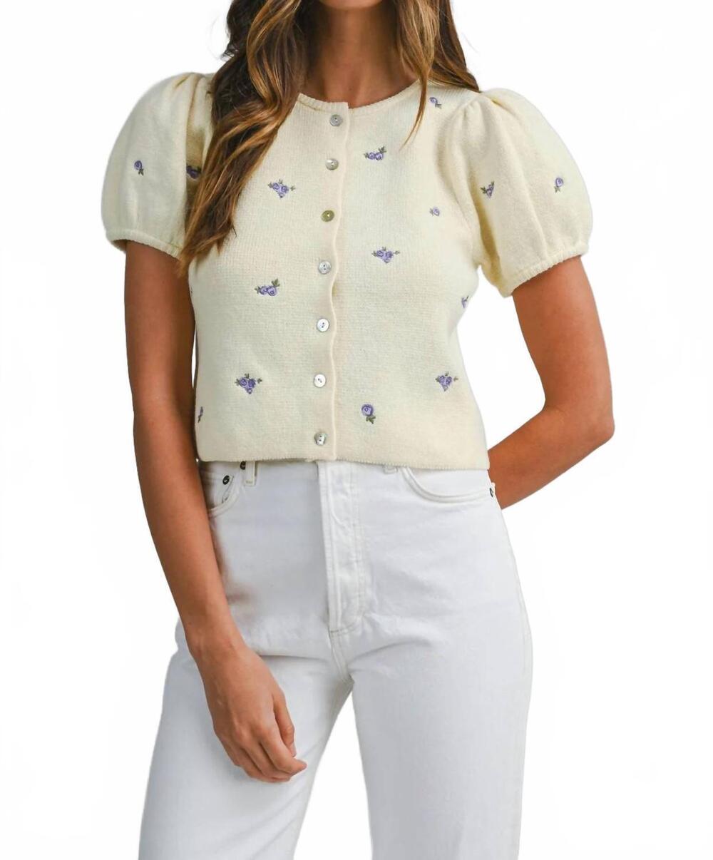 NEW MABLE embroidered puff sleeve knit top in butter yellow